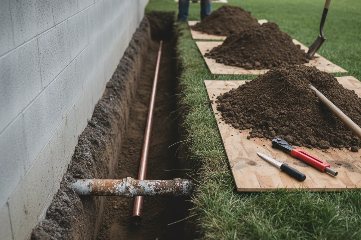 Excavated water line trench during Sewer Line Repair in Claridge